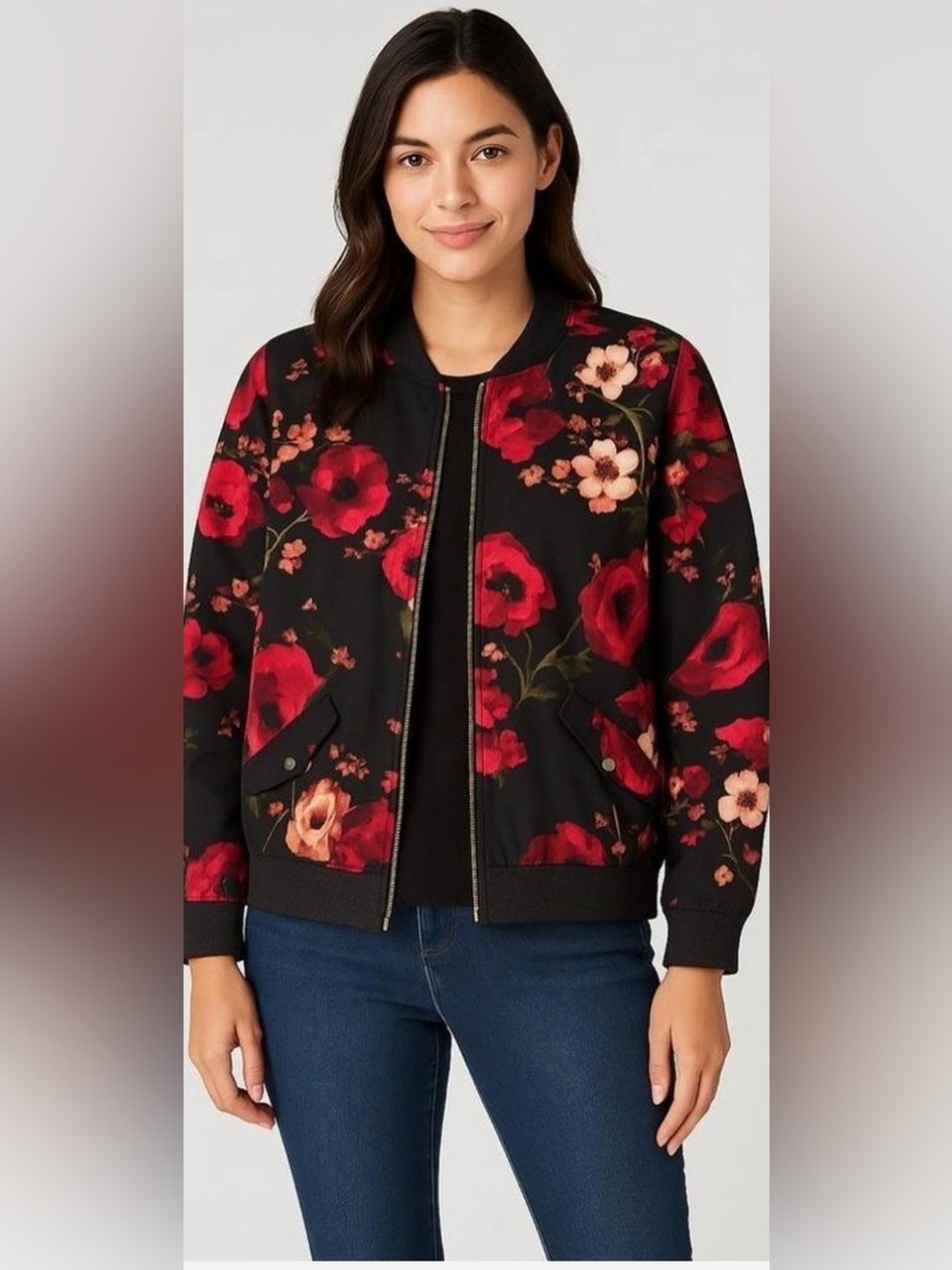 Susan Graver Black Bomber Jacket with Red Floral Print size L